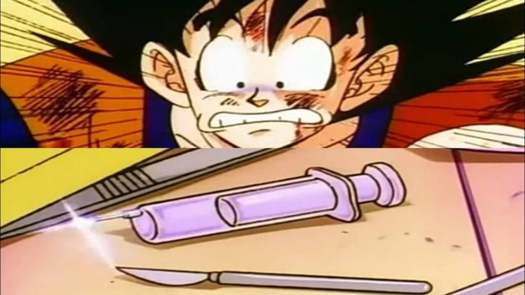 Goku is scared of a needle