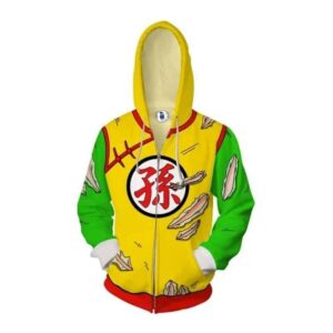 Kid Gohan Yellow Green Outfit Zip Up Cosplay 3D Hoodie