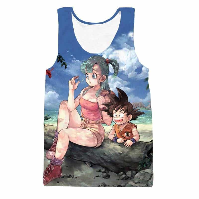 Bulma Sitting on a Tree and Kid Goku at the Beach Blue Graphic DBZ Tank Top