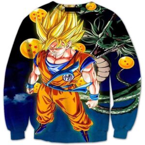 Super Saiyan Goku and Shenron Crystal Balls Blue DBZ 3D Sweatshirt - Saiyan Stuff