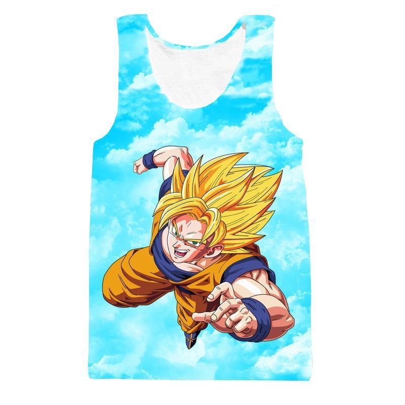 Super Saiyan Son Goku Flying in the Sky Blue Tank Top - Saiyan Stuff