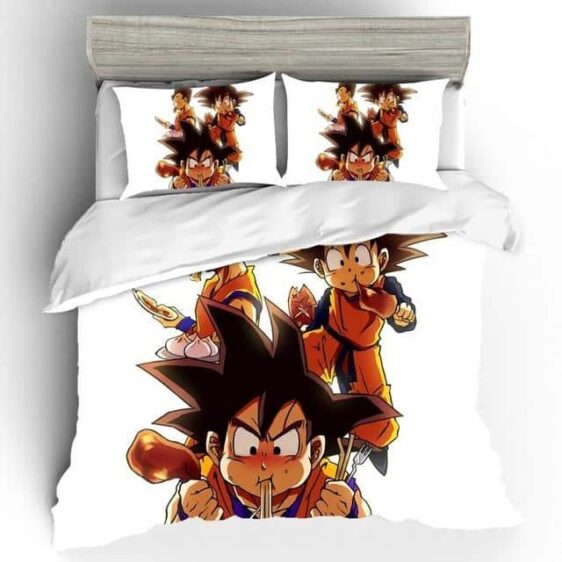 Hungry Kid Goku Eating Meat And Noodles White Bedding Set