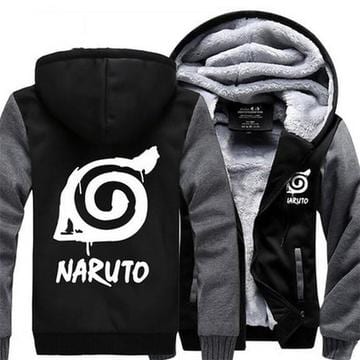 Naruto Cool Hidden Leaf Village Symbol Gray Black Hooded Jacket