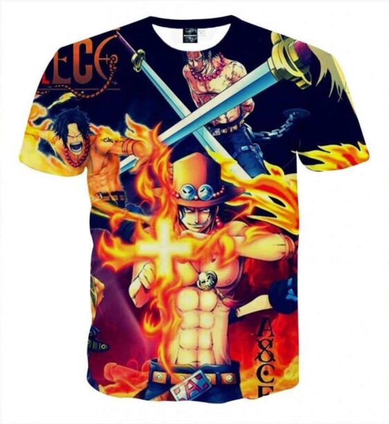 One Piece Ace Fire Symbol Fighting Scene Printed T-shirt