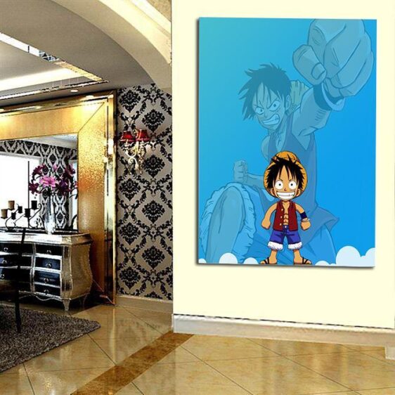 One Piece Chibi And Adult Straw Hat Luffy Blue 1pc Wall Art