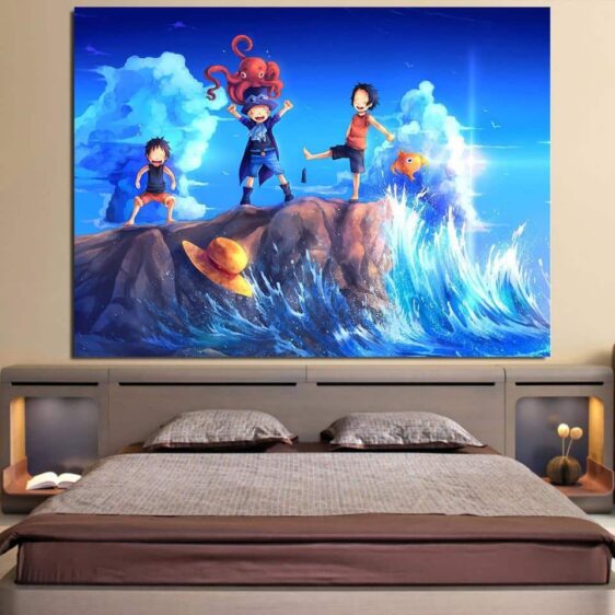 One Piece Kid Luffy Ace Sabo Happy Playing Blue 1pc Wall Art