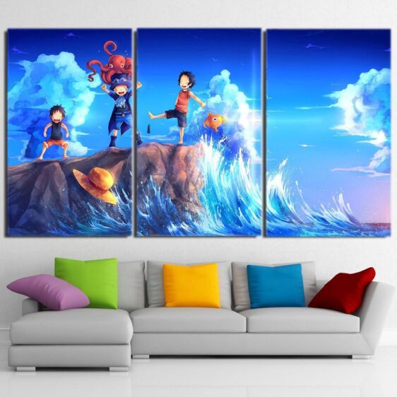 One Piece Kid Luffy Ace Sabo Happy Playing Blue 3pcs Wall Art