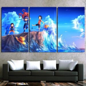 One Piece Kid Luffy Ace Sabo Happy Playing Blue 3pcs Wall Art