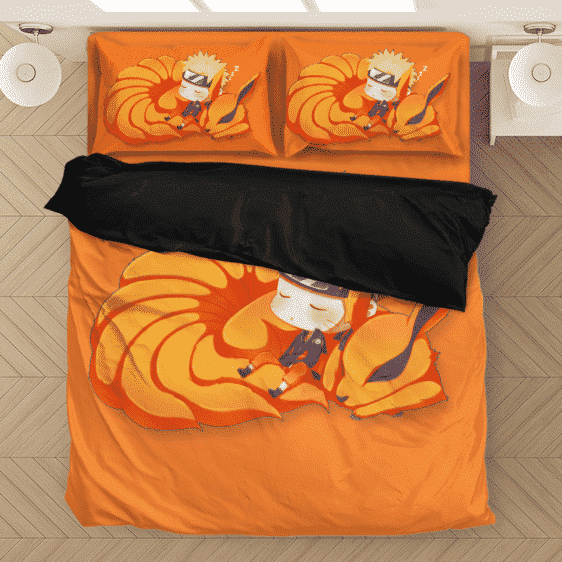 Sleeping Chibi Naruto And Baby Kurama Orange Bedding Set