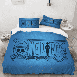 One Piece Black Minimalist Anime Logo Blue Bedding Set