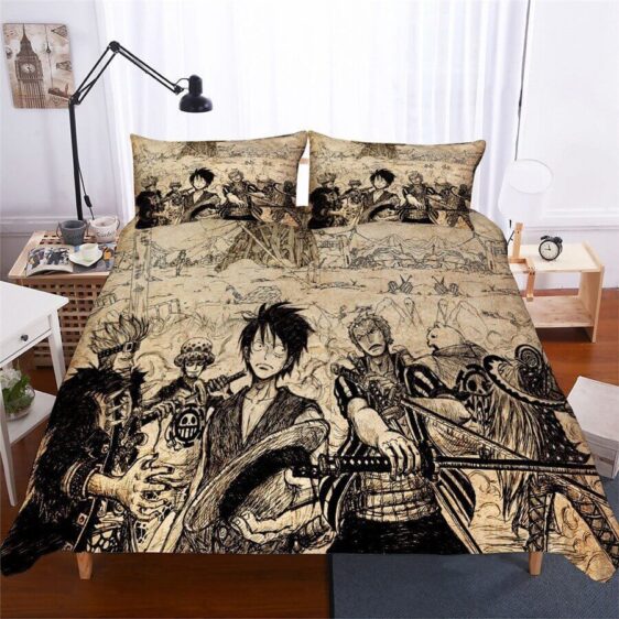 Vintage One Piece Luffy Zoro Trafalgar Law Beige Bed Set