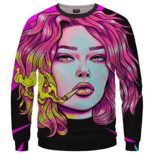 Cute Girl Smoking Joint Vector Art Pink Black Crewneck Sweatshirt
