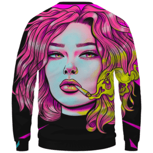 Cute Girl Smoking Joint Vector Art Pink Black Crewneck Sweatshirt - Back Mockup