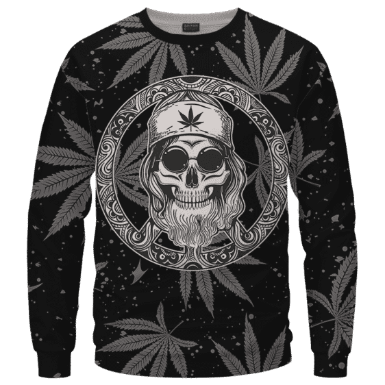 Hippie Skull Awesome Marijuana Leaves Pattern Dope Black Crewneck Sweater