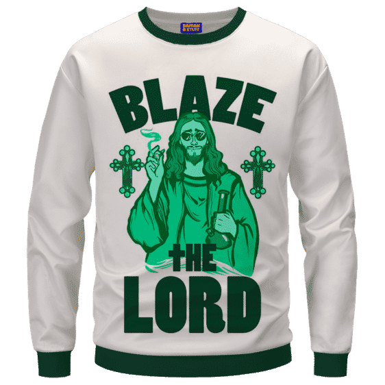 Jesus Smokes Blaze The Lord Funny Art 420 Marijuana Adult Crewneck Sweatshirt