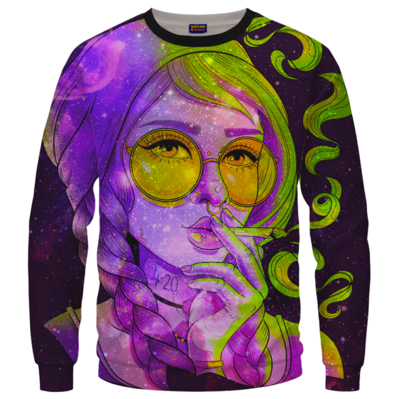 Marijuana Girl Smoking Joint Trippy 420 Art Crewneck Sweater