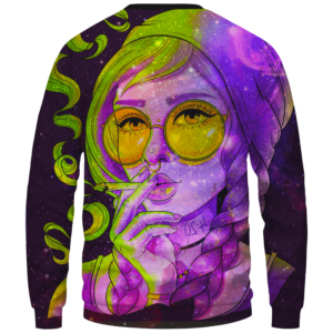Marijuana Girl Smoking Joint Trippy 420 Art Crewneck Sweater - Back Mockup