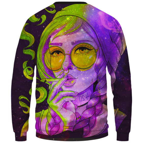 Marijuana Girl Smoking Joint Trippy 420 Art Crewneck Sweater - Back Mockup