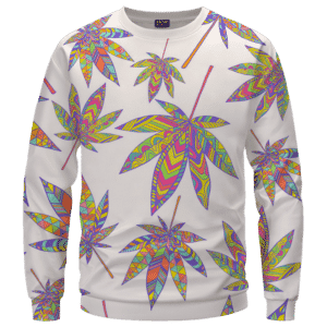 Marijuana Leaf Rainbow Colors All Over Print White Awesome Crewneck Sweater