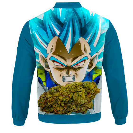 Dragon Ball Stoned Super Saiyan Blue Vegeta Marijuana Nug Bomber Jacket - BACK