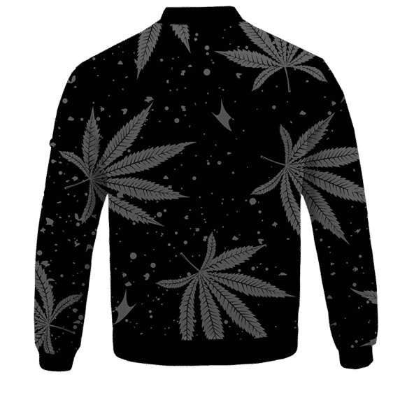 Hippie Skull Awesome Marijuana Leaves Pattern Dope Black Bomber Jacket - BACK