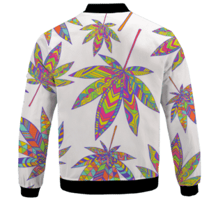 Marijuana Leaf Rainbow Colors All Over Print White Awesome Bomber Jacket -BACK