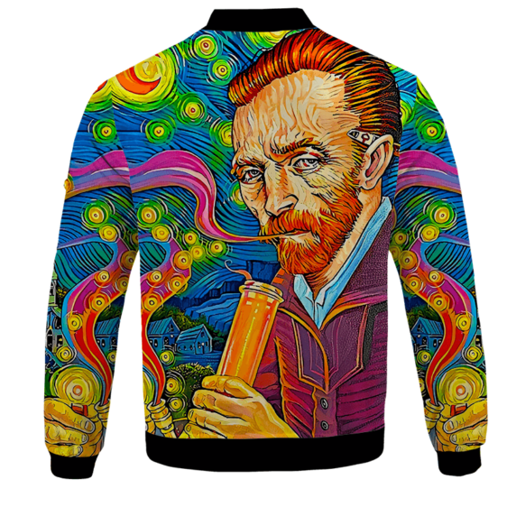 Van Gogh Starry Night Smoking Bong Trippy Bomber Jacket - BACK