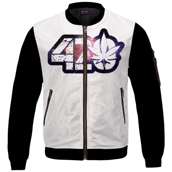 _White 420 Galaxy Logo Cannabis Themed Colorful Bomber Jacket