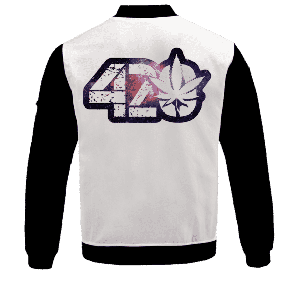 _White 420 Galaxy Logo Cannabis Themed Colorful Bomber Jacket - BACK