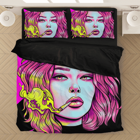 Cute Girl Smoking Joint Vector Art Pink Black Bedding Set