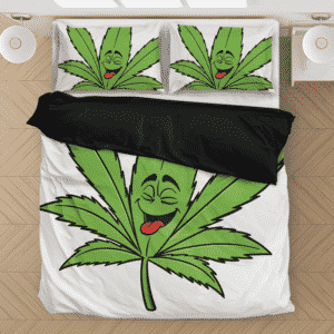 Happy Smiling Weed Leaf Marijuana 420 White Bedding Set