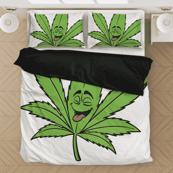 Happy Smiling Weed Leaf Marijuana 420 White Bedding Set