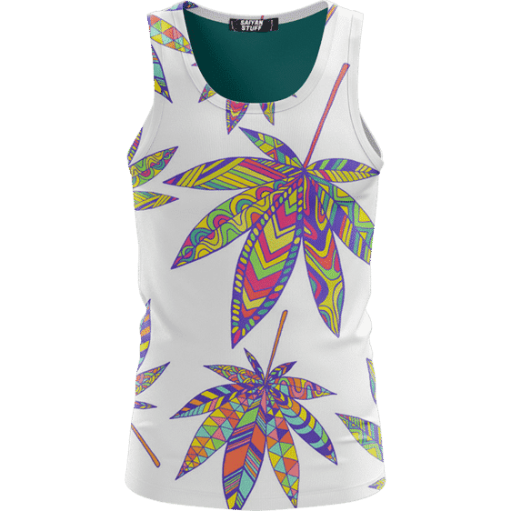 Marijuana Leaf Rainbow Colors On Print White Awesome Tank Top