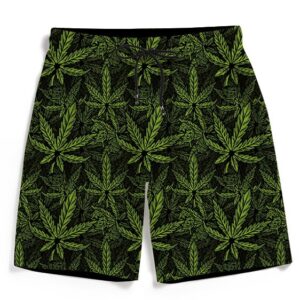 Mens Beach Shorts Cannabis Charm Grunge Hemp Leaves Side Split Swim Trunks Adjustable Board Shorts