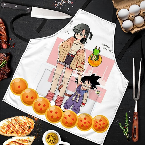 Bulma and Kid Goku with Baby Shenron DBZ Cool and Cute Apron