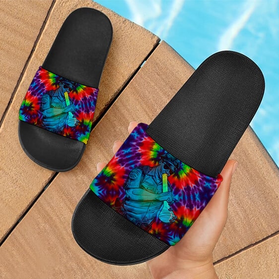 Stoner Cop Smoking Bong Trippy Tie Dye 420 Weed Slide Sandals