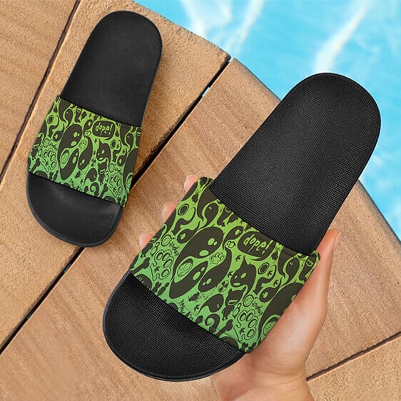 Dope Weed Green Cartoon Doodle Art 420 Marijuana Slide Sandals