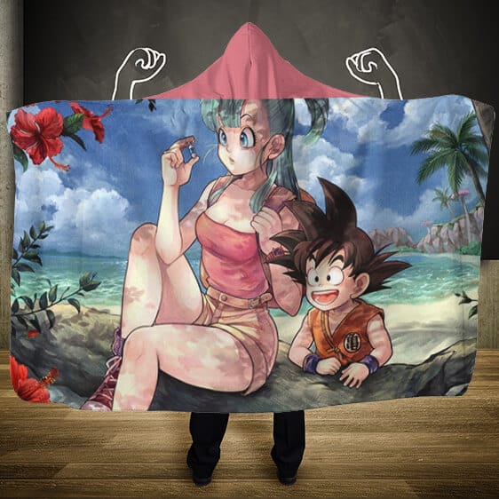Dragon Ball Goku And Bulma On Tropical Beach Hooded Blanket - Saiyan Stuff