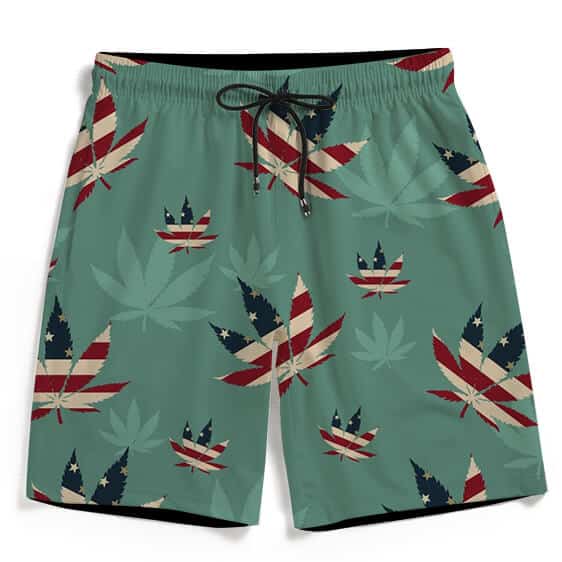 Weed Hemp 420 Leaf American Flag Teal Men's Beach Shorts