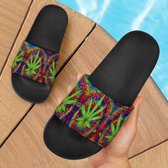 Hippie Style Colorful Marijuana Design Trippy Slide Sandals