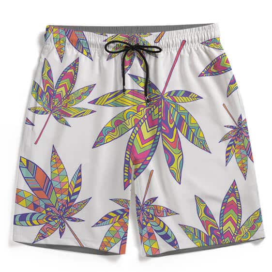Marijuana Leaf Rainbow Colors Print White Men's Beach Shorts