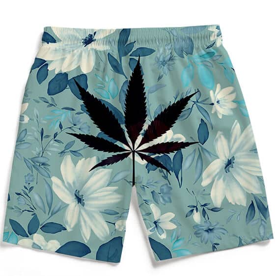 Beautiful Floral Marijuana Leaf Teal Men's Beach Shorts