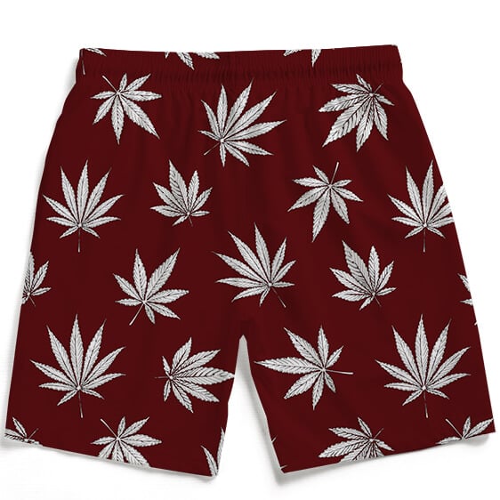 Stylish Silver Marijuana Leaves Print Dark Red Men's Shorts