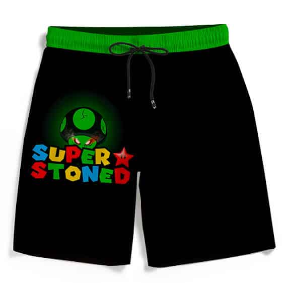 Super Stoned Mushroom Weed Marijuana Mario Black Beach Shorts