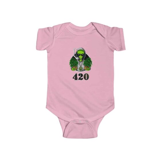 Hippie Alien Holding Cannabis Plant Dope 420 Weed Baby Onesie