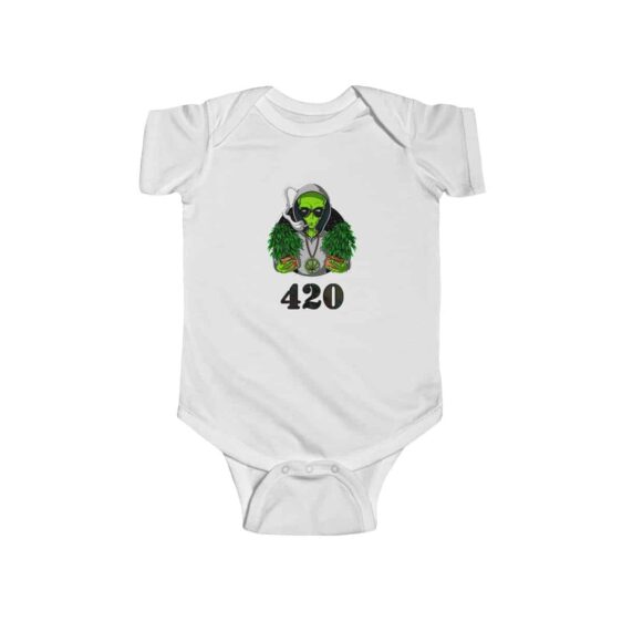 Hippie Alien Holding Cannabis Plant Dope 420 Weed Baby Onesie