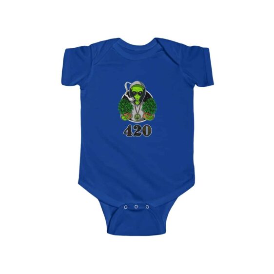 Hippie Alien Holding Cannabis Plant Dope 420 Weed Baby Onesie