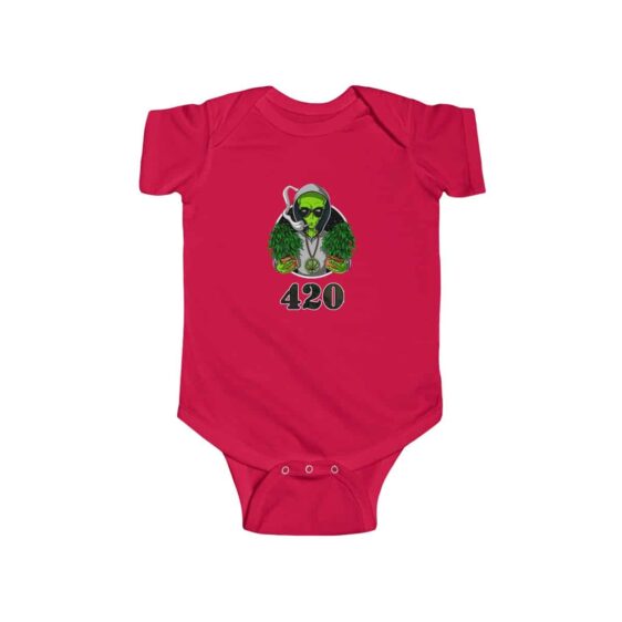 Hippie Alien Holding Cannabis Plant Dope 420 Weed Baby Onesie