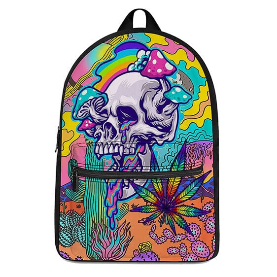 Colorful Weed with Trippy Shroom Skull Cool Funky Backpack