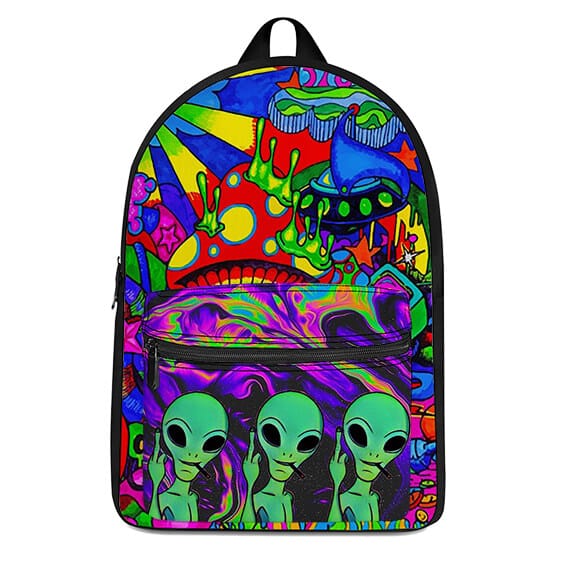 Three Aliens Smoking Weed Colorful Psychedelic Fun Backpack - Saiyan Stuff